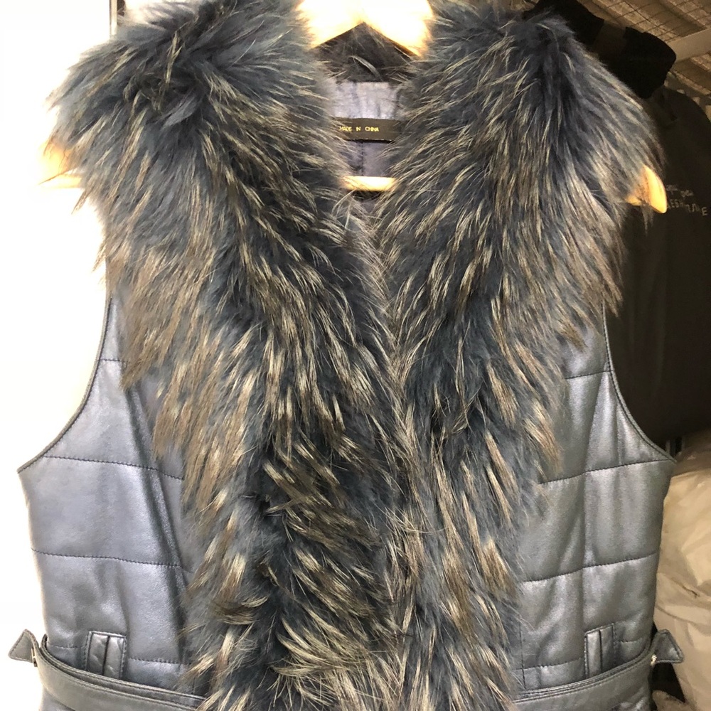 Blue metallic vest Jacket with fur fox collar
